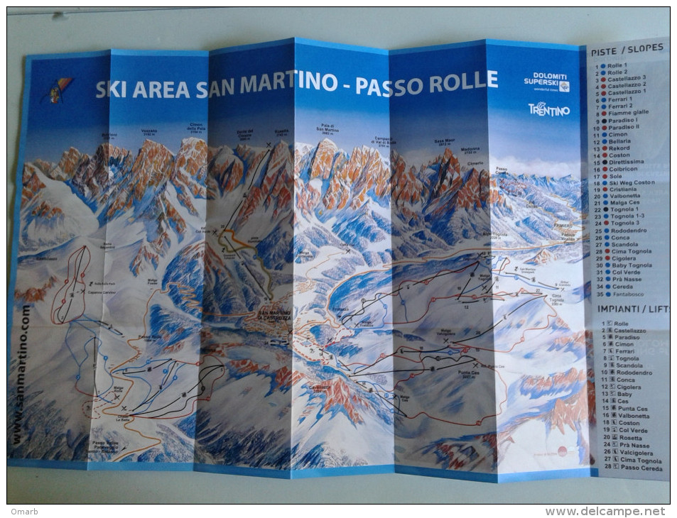 Alt798 Ski Area Map Mappa Piste Sci Impianti Risalita Slopes Skilift Cablecar Charlifts San Martino Passo Rolle Dolomiti - Sport Invernali
