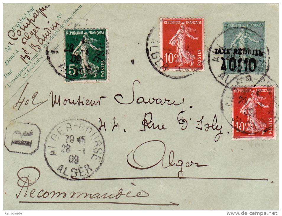 1909 - DEVANT D´ENVELOPPE ENTIER POSTAL RECOMMANDEE (RARE) TYPE SEMEUSE UTILISE En ALGERIE De ALGER - 1877-1920: Période Semi Moderne