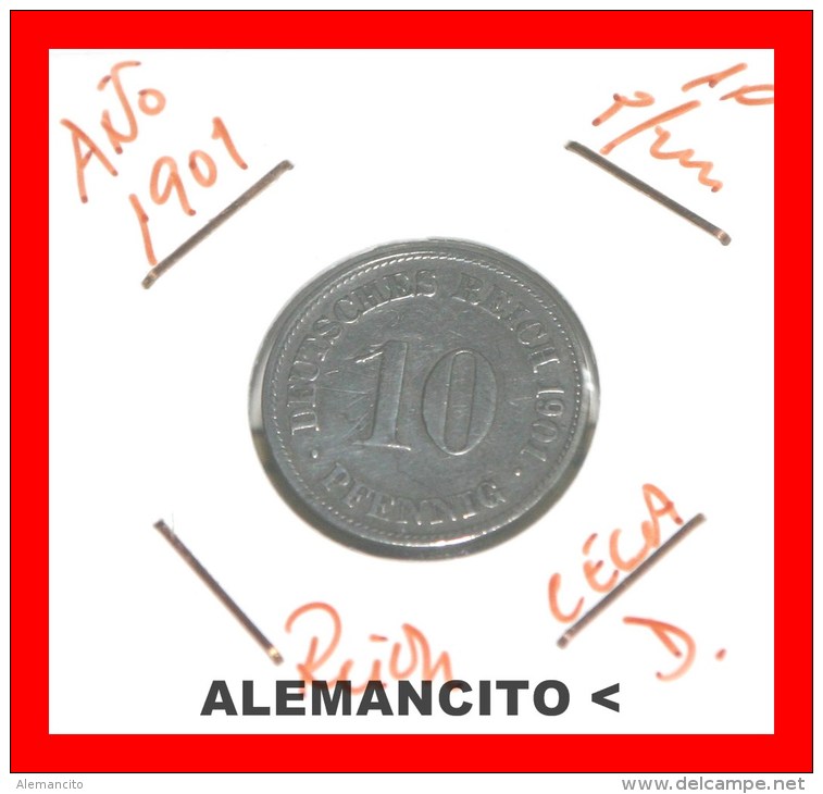ALEMANIA - IMPERIO  DEUTSCHES REICH  AÑO 1901-D - 10 Pfennig
