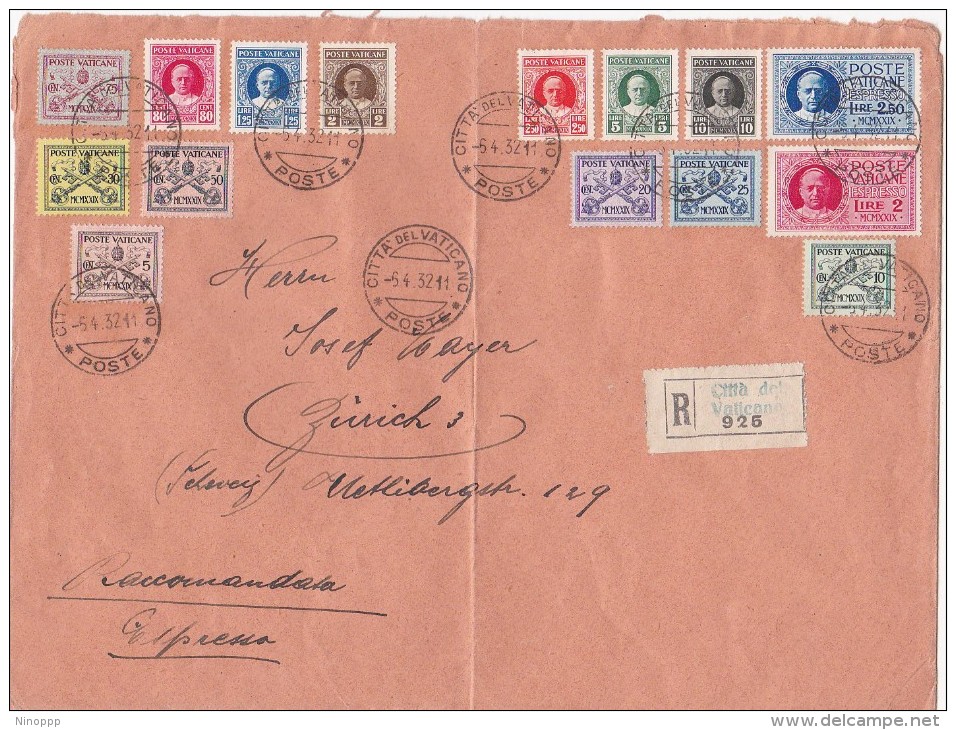 Vatican City 1932 Registered Mail Sent To Switzerland With Definitive Stamps, Rare - Oblitérés