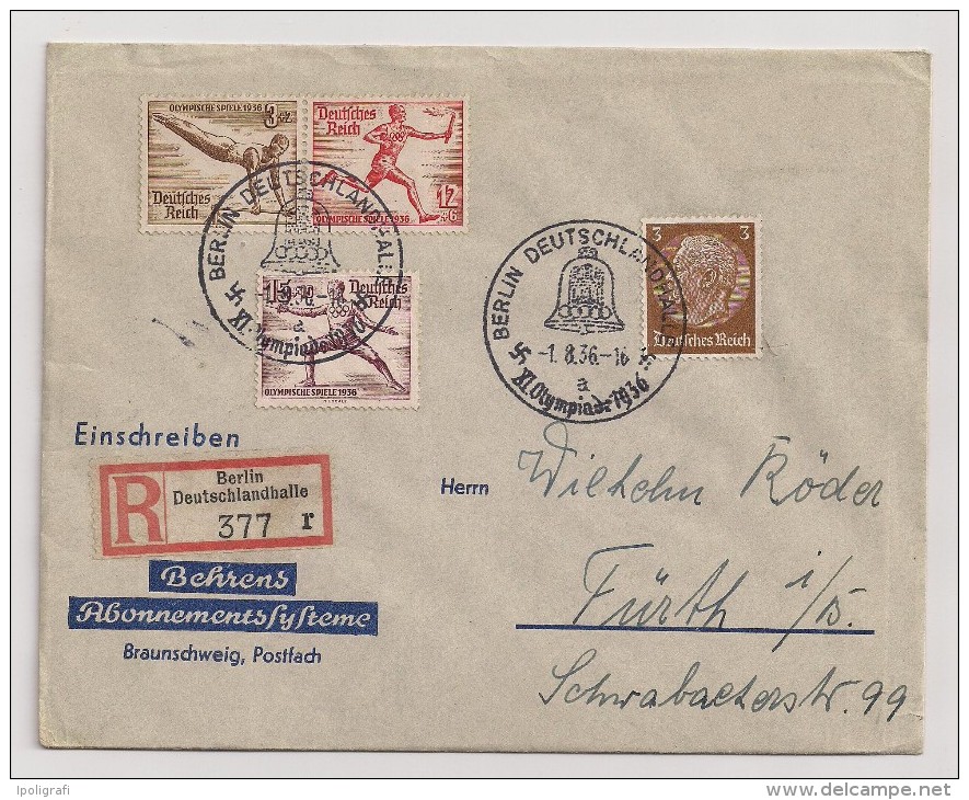 Germany - 1936 - Special Cancellation: Berlin Deutschlandhalle - 13-8-36 - Registered Letter To Fürth - Ete 1936: Berlin