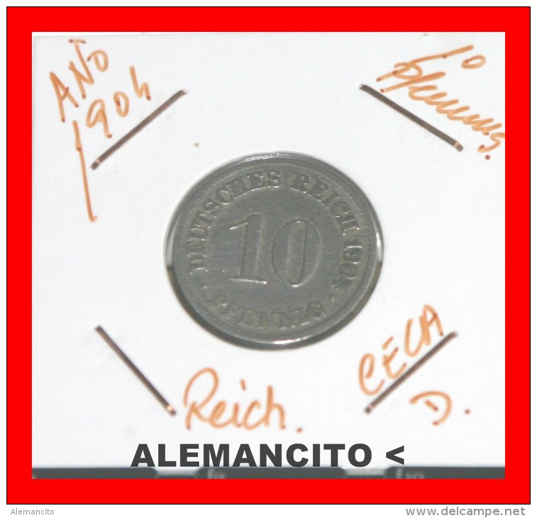ALEMANIA  - IMPERIO - DEUTSCHES REICH - AÑO 1904-D - 10 Pfennig