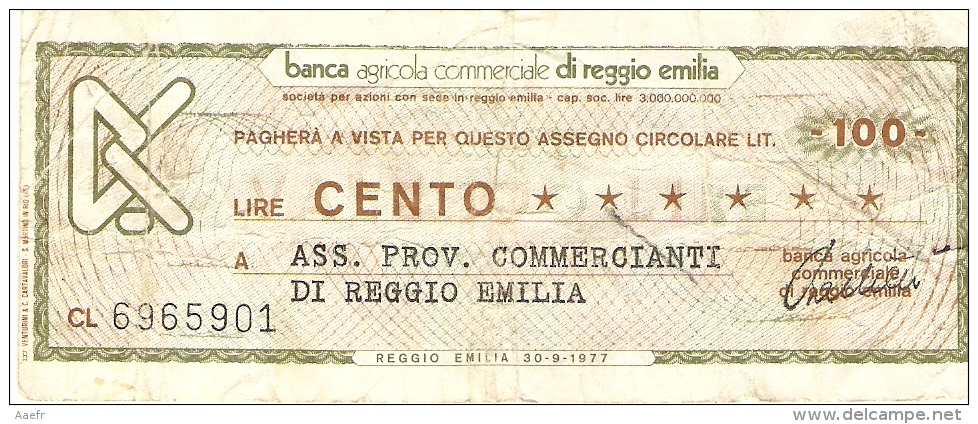 Billet - ITALIE - 100 Lire - 30.9.1977 - Banca Di Reggio Emilia - [10] Cheques Y Mini-cheques