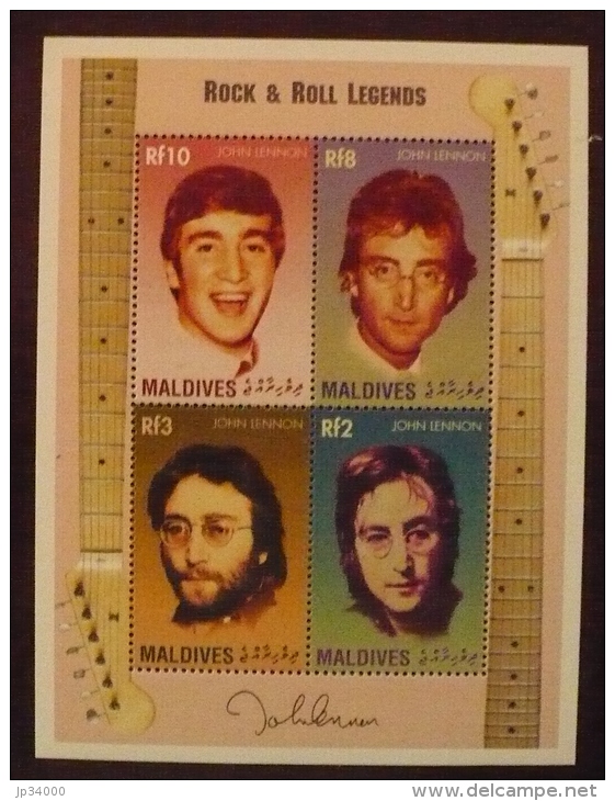 MALDIVES John LENNON, Beatles, Musique.  Bloc Feuillet 4 Valeurs  ** MNH. - Zangers