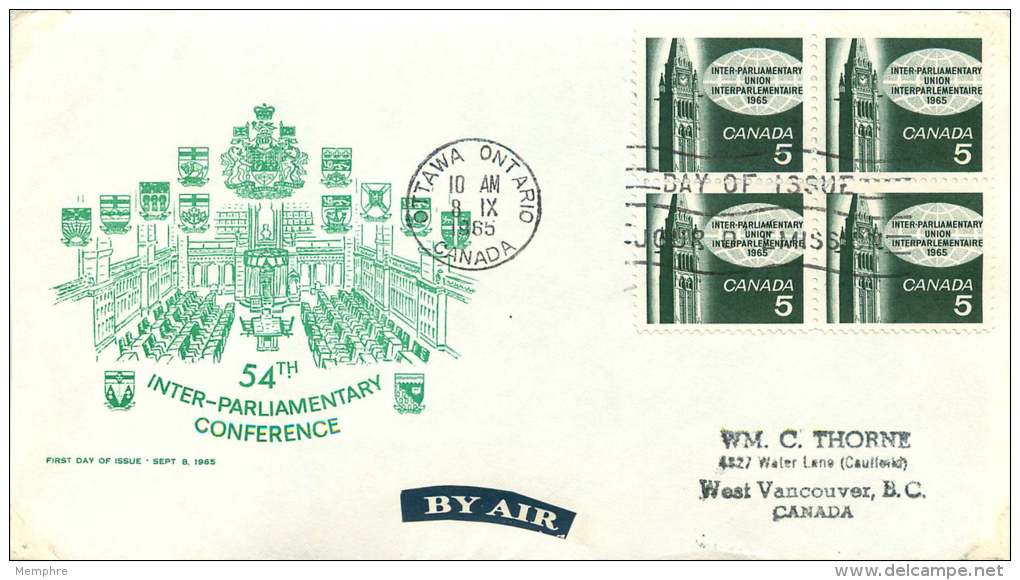 1965 Inter-Parliamentary Conference  Sc 441 Block Of 4 Unknown Cachet - 1961-1970