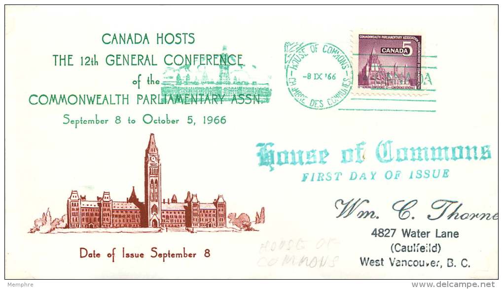 1966  Commonwealth Parliamentary Conference  Sc 450  House Of Commons Cancel And Handstamp - 1961-1970