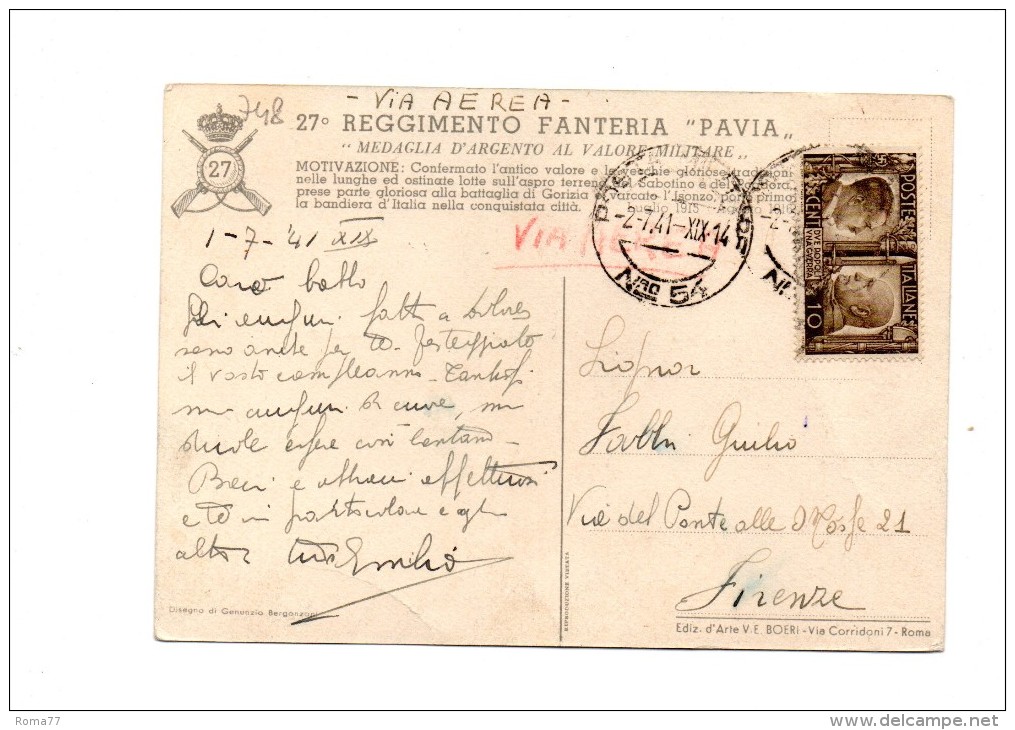 746/500 -  27 REGGIMENTO PAVIA 2/7/1941 , Cartolina Da P. M. N. 51 . Asse 10 Cent - Storia Postale