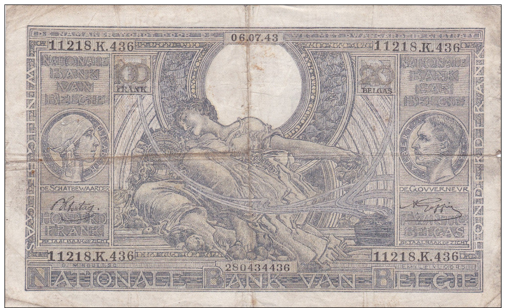 N 3 BILLET BELGIQUE DE 100 FRANCS DU 6.07.1943  REF N21115 - 100 Francs & 100 Francs-20 Belgas