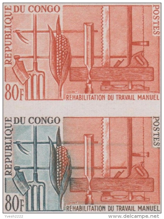 Congo Brazza 1964 Y&T 161. Bande De 5, Essais De Couleurs. Réhabilitation Du Travail Manuel. Outils, Agriculture - Agriculture