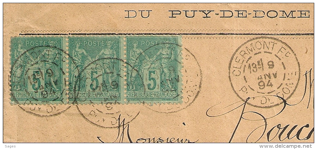 Bande De 3 SAGE 5C, CLERMONT Fd Puy De Dome Sur Enveloppe Du Syndicat Départemental Agricole. - 1876-1898 Sage (Tipo II)