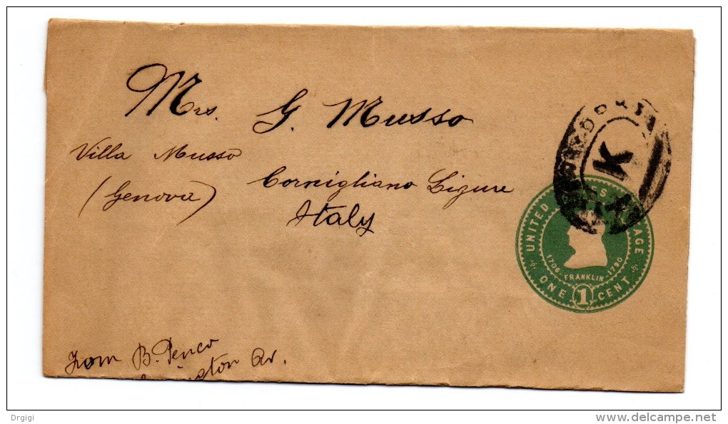 ** USA POSTAL HISTORY, WRAPPER 1c, From "UNKNOWN" To CORNIGLIANO LIGURE - 1901-20