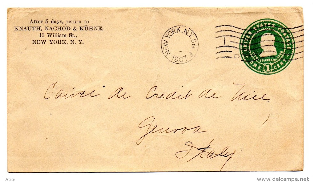 ** USA POSTAL HISTORY, STATIONERY 1c, 1907, From NEW YORK To GENOVA - 1901-20