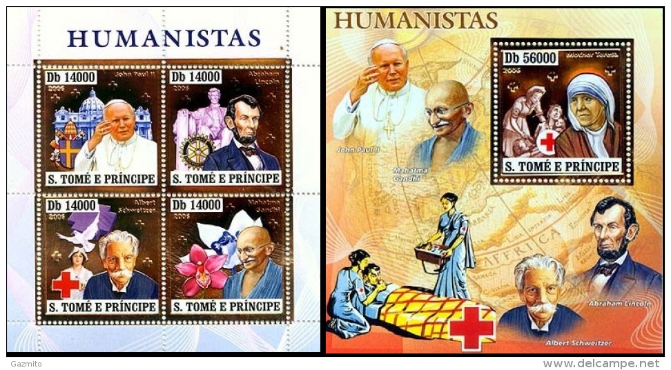 S. Tomè 2006, J, Paul II, Lincoln, Schweitzer, Red Cross, Rotary, Gandhi, Orchids, Mother Teresa, 4val In BF +BF GOLD - Mère Teresa