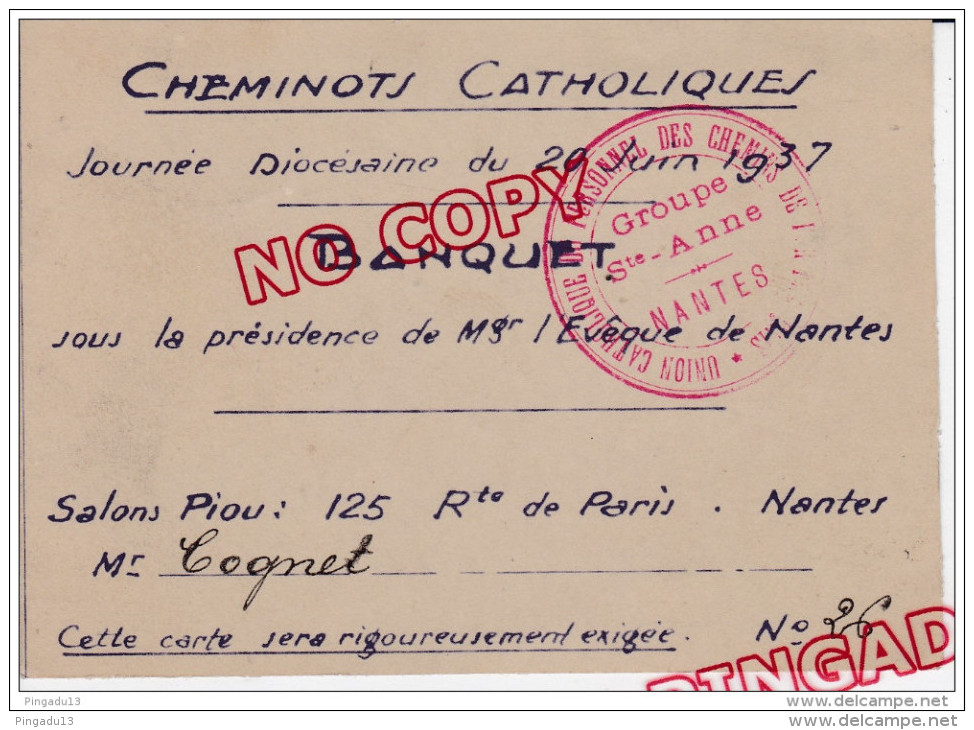 Au Plus Rapide Carte Invitation Cheminots Catholiques Nantes 20 Juin 1937 Chemin Fer Religion Cheminot Evêque De Nantes - Chemin De Fer