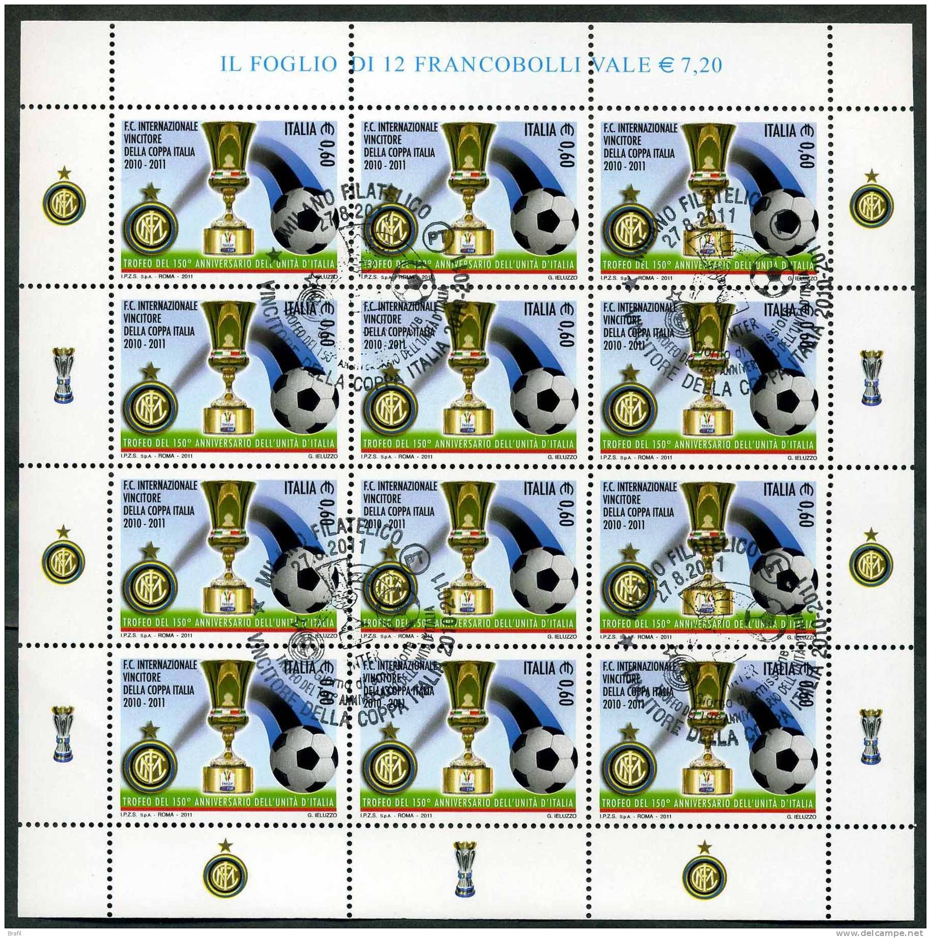 2011 Italia, Minifoglio Inter Vincitore Coppa Italia Con Annullo Ufficiale - Blokken & Velletjes