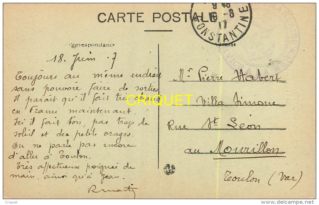 Marine De Guerre 14-18, Croiseur Auxilliaire Eros, écrite Par Un Poilu, 1917, Cachet Service à La Mer, Pas Courante - Warships