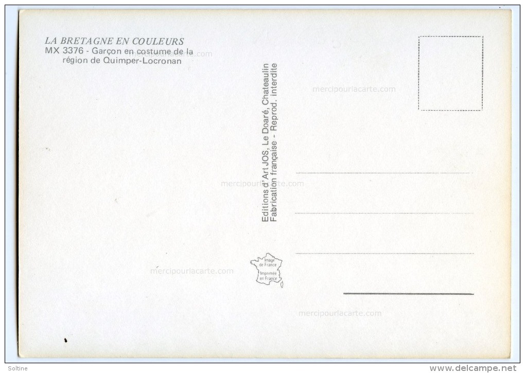 Garçon En Costume De La Région De Quimper Locronan - Non écrite - 2 Scans - Locronan