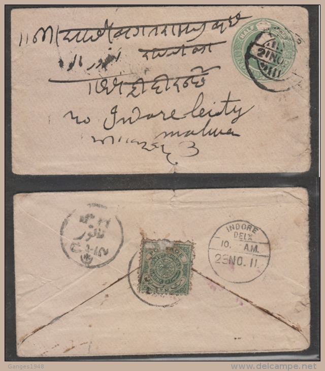 Hyderabad  1911 - 1/2A Stamp On India KE  1/2A PS Envelope Combination Usage To Indoee   # 87490  Inde  Indien - Hyderabad