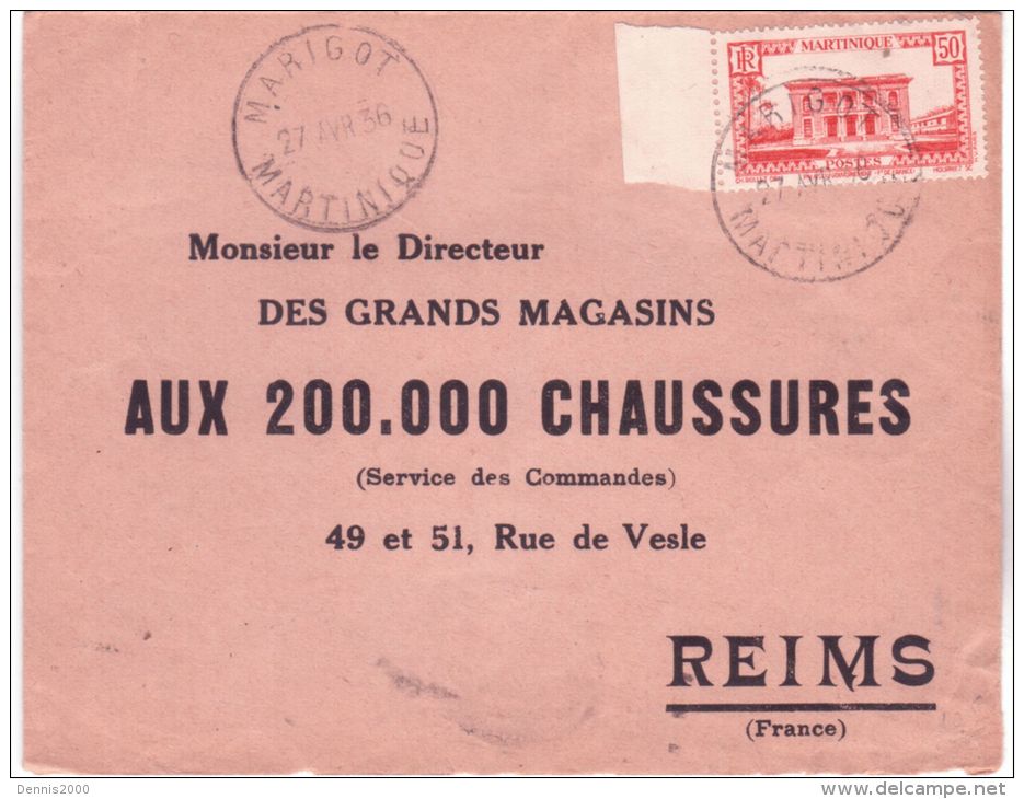 1934- Enveloppe Affr. à 50 C  Oblit.  Rotoplan  De LORRAIN /  MARTINIQUE  Pour Reims - Storia Postale