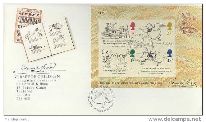 GB 1988 EDWARD LEAR MS FDC SG MS1409 MI BLOCK 4 SC 1229A IV BF4-1336-39 - Covers & Documents