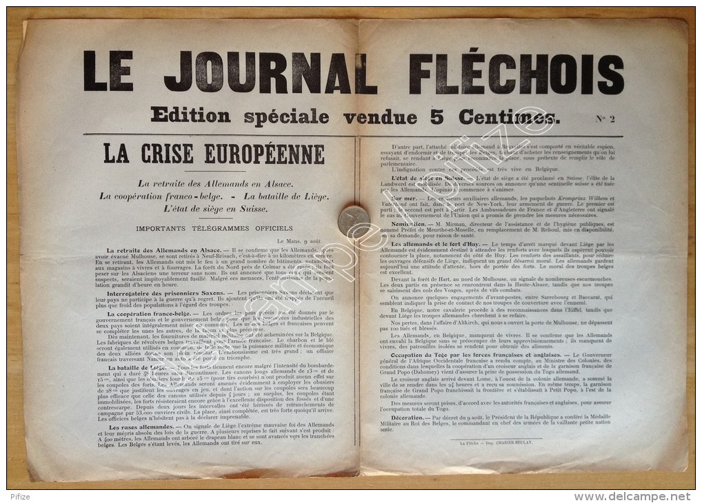 Guerre De 1914-18.  Le Journal Fléchois. N° 2. Août 1914. La Flèche. - Documents