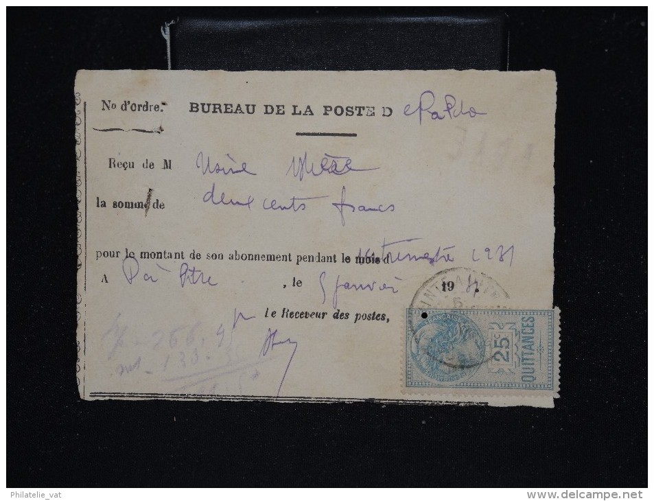 FRANCE - GUADELOUPE - Récépissé Du Bureau De Poste De Pointe à Pitre En 1921 - Aff. Timbre De Quittances RR - Lot P12089 - Covers & Documents