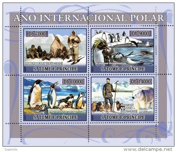 S. Tomè 2007, Polar International Year, Explorers, Bear, Penguins, Dog, 4val In BF - Faune Antarctique