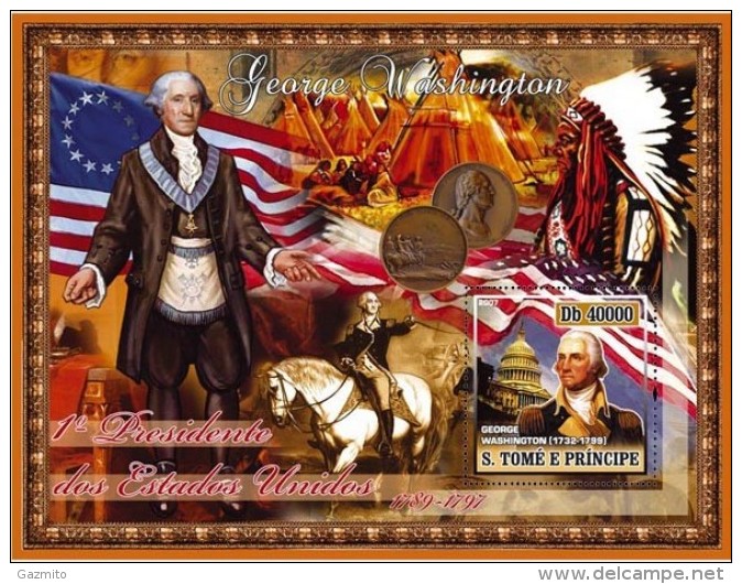 S. Tomè 2007, President USA, Washington, Horse, Indians, Flags, BF - Indiens D'Amérique