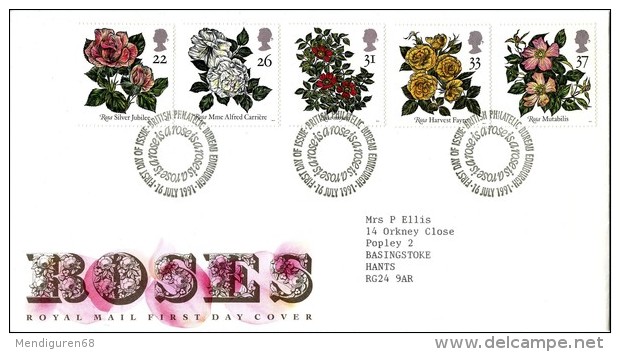 GB 1991 ROSES FDC SG 1568-72 MI 1345-49 SC 1382-86 IV 1551-1555 - Covers & Documents