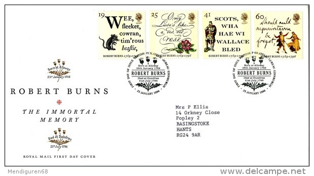 GB 1996 ROBERT BURNS FDC SG 1901-04 MI 1601-04 SC 1639-42 IV 1847-1850 - Covers & Documents