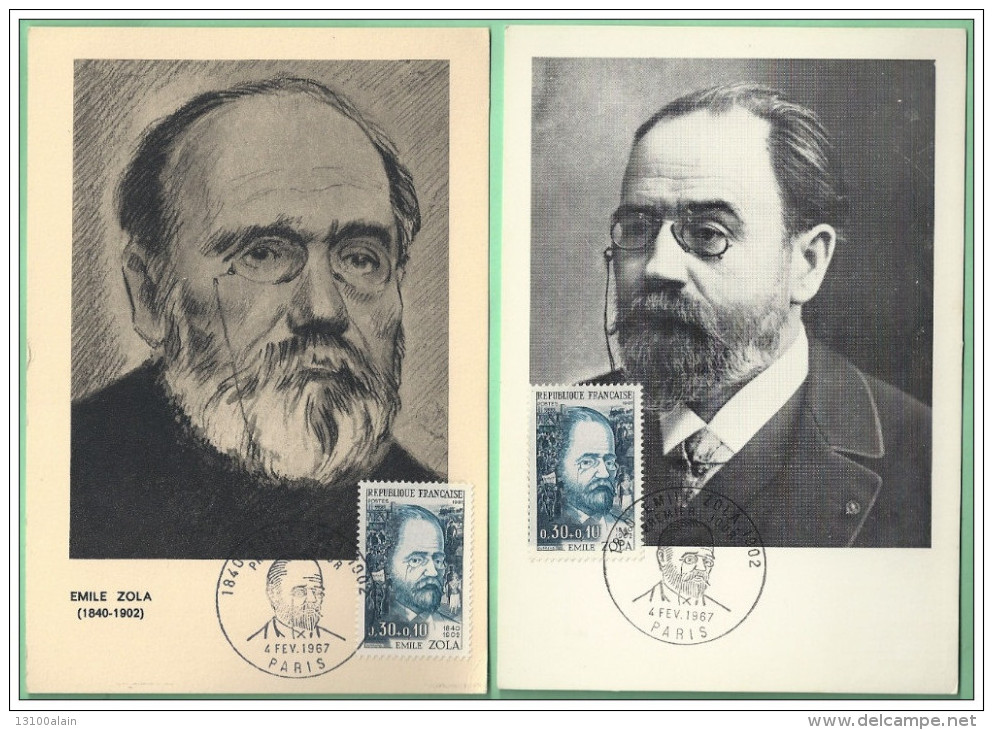 Lot 2 Cartes Postales CM FdC 1er Jour France Paris1967 Célébrités écrivains Emile ZOLA Journaliste Romancier Littérature - Schriftsteller