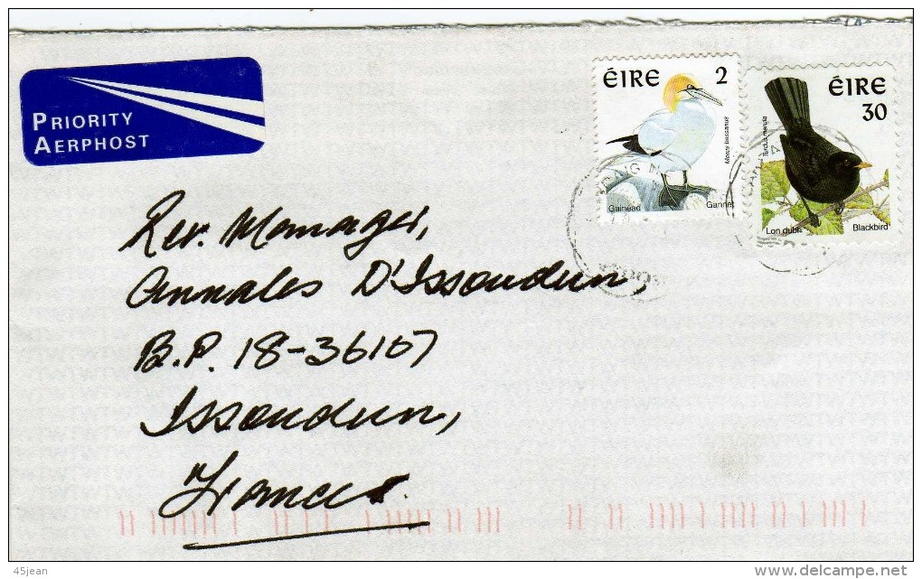 Irlande: 2001 Lettre  Voyagé  Timbres Oiseaux Birds "merle Et FOU" - Storia Postale