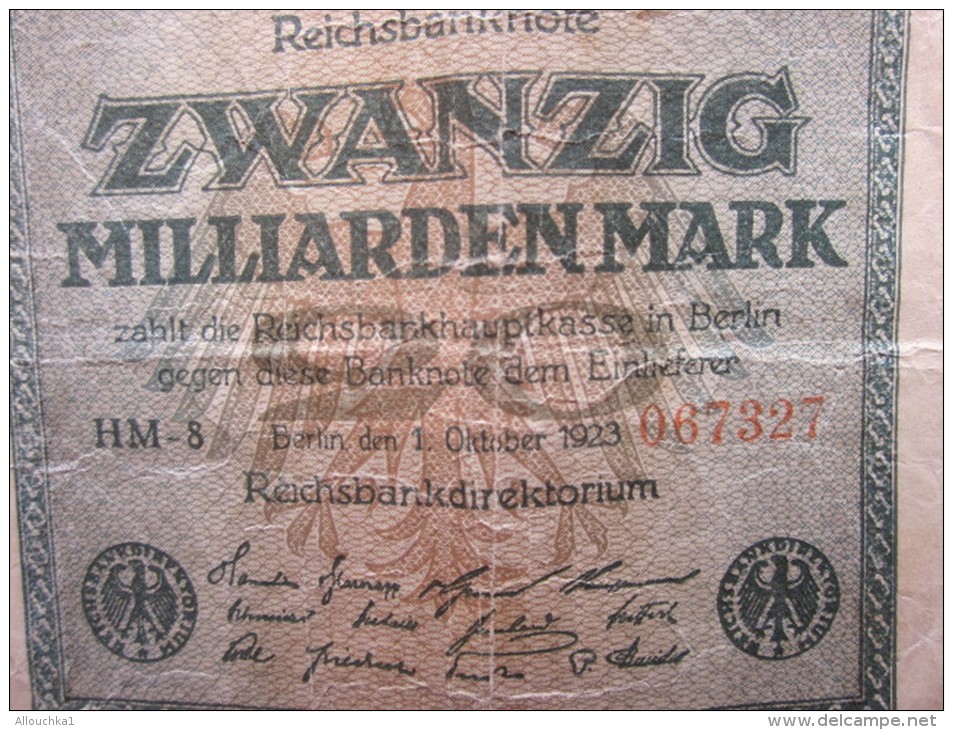 OCTOBER 1923 REICHBANKNOTE ZWANZIG MILLIARDEN MARK REPUBLIQUE DE WEIMAR BILLET DE BANK BANQUE  DEVALUATION ALLEMANDE - 20 Milliarden Mark