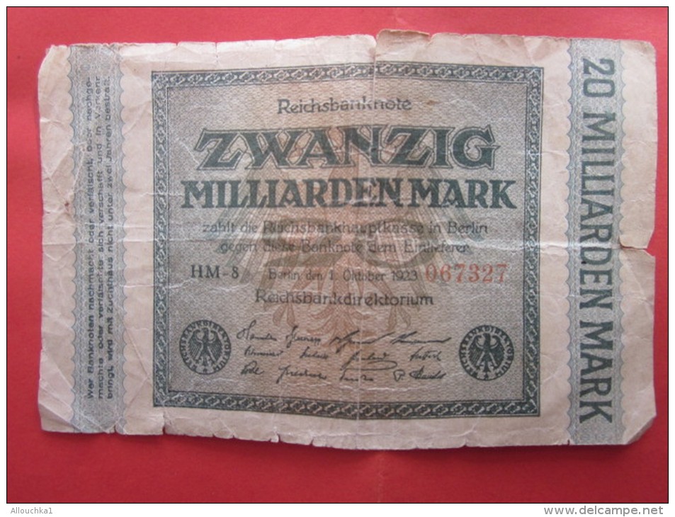 OCTOBER 1923 REICHBANKNOTE ZWANZIG MILLIARDEN MARK REPUBLIQUE DE WEIMAR BILLET DE BANK BANQUE  DEVALUATION ALLEMANDE - 20 Miljard Mark