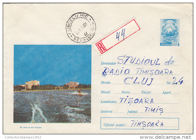 31062- WATER SKIING ON SIUTGHIOL LAKE, REGISTERED COVER STATIONERY, 1971, ROMANIA - Wasserski