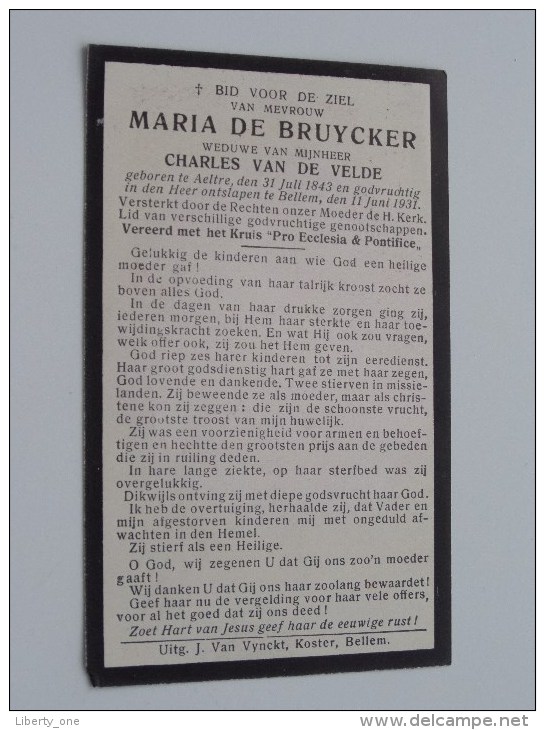 DP Maria De BRUYCKER ( Van De Velde ) Aeltre 31 Juli 1843 - Bellem 11 Juni 1931 ( Zie Foto´s ) ! - Religione & Esoterismo