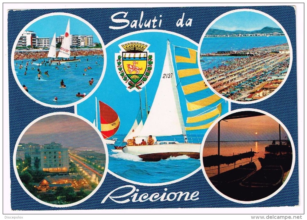 G3375 Saluti Da Riccione (Rimini) - Panorama Vedute Multipla - Stemma Cittadino - Barche Boats Bateaux / Viaggiata 1978 - Autres & Non Classés