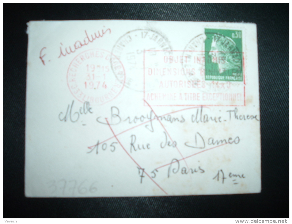 LETTRE MIGNONNETTE TP MARIANNE DE CHEFFER 0,30 OBL.MEC. ROUGE 31-1-1974 LIBOURNE (33) OBJET INADMIS DIMENSIONS MINIMALES - 1967-1970 Marianne Of Cheffer