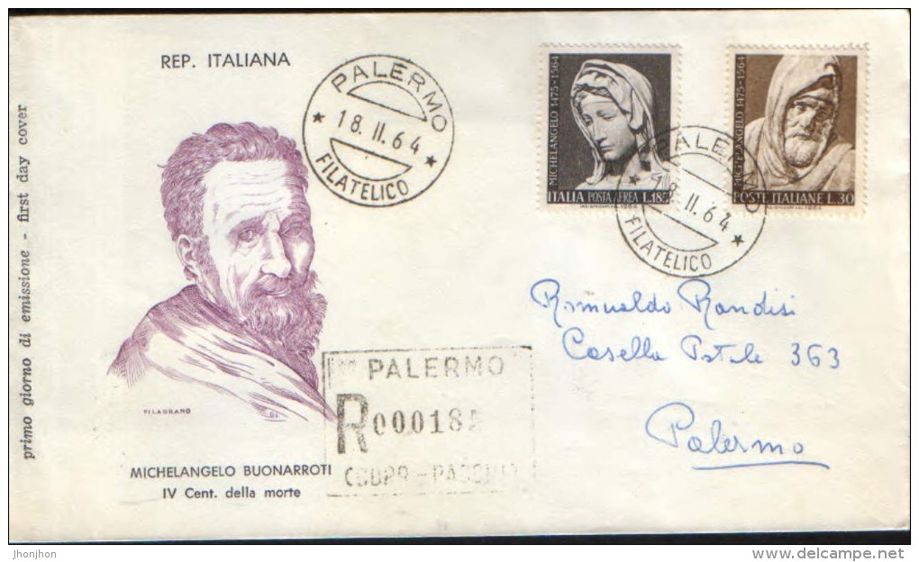 Italy - Registered Letter Circulated In 1964 With Stamps Michelangelo Buonarroti, 400 Years From Death ,fdc - FDC