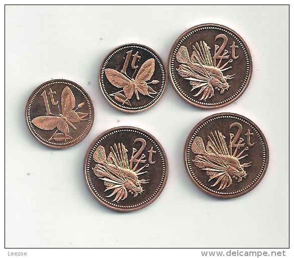 Monnaies Papouasie-nouvelle-guinée : Pièces 1Toea Et 2Toea, Décor Papillons Poissons - Papoea-Nieuw-Guinea