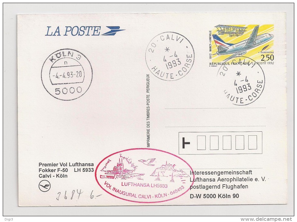 France, 1992, Carte Postale, Liaison Postale Aérienne Nancy Luneville, Premier Vol Lufthansa, Calvi, 4-4-93 - Avions