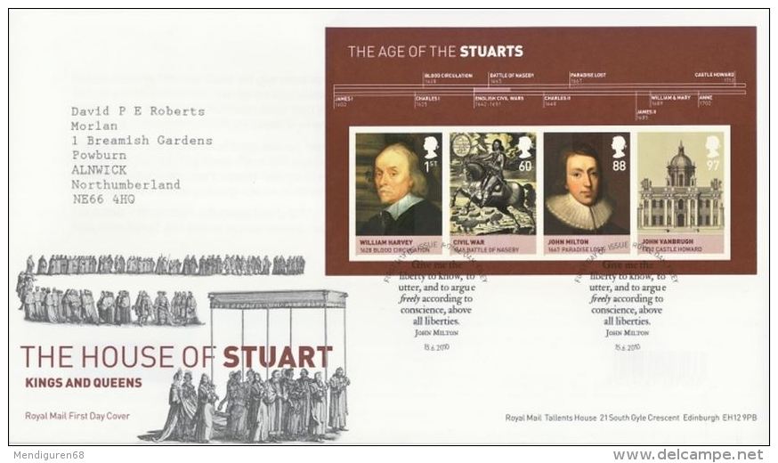 GB 2010 HOUSE OF STUART MS ON FDC SG MS3094 MI B59-2971-74 SC SH-2814 IV BF77-3357-60 - Covers & Documents