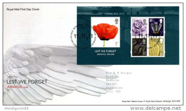 GB 2008 LEST WE FORGET MS FDC SG MS2886 MI B47-2692 SC SH2614A IV BF60-3079-83 - Covers & Documents