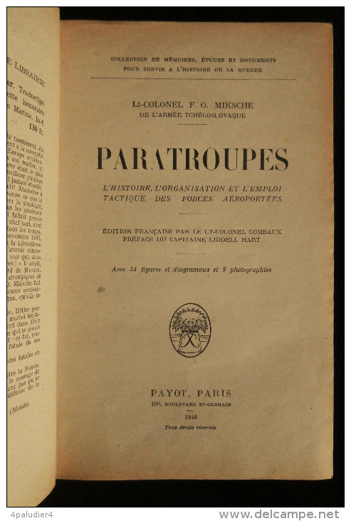 PARATROUPES Histoire Des Forces Aéroportées  Lt-Colonel F.O. MIKSCHE 1946 Payot Parachutistes Paratrooper - Français