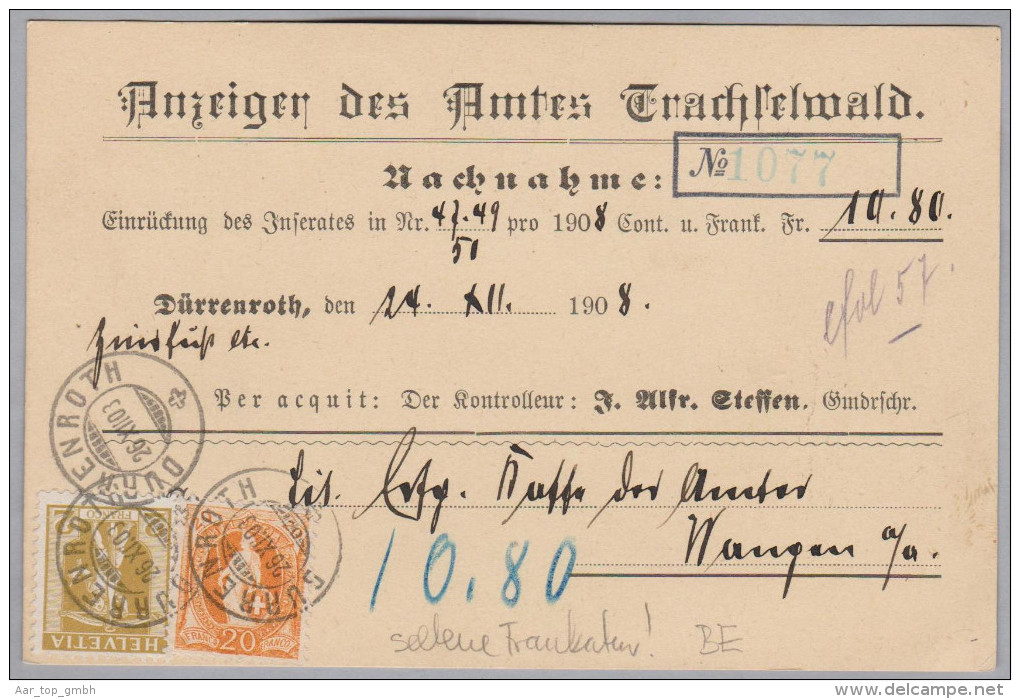 Heimat BE DÜRRENROTH 1908-12-26 Seltene Frankatur Auf Amt Trachselwald Beleg - Storia Postale