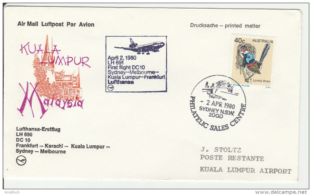 Kuala Lumpur Sydney Karachi Frankfurt 1980 - Erstflug 1er Vol Inaugural Flight Primo Volo - Lufthansa 1980 - DC 10 - First Flight Covers