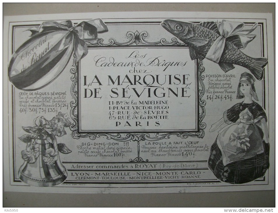 Publicité Chocolat La Marquise De Sévigné -ROYAT - 1924 - Advertising