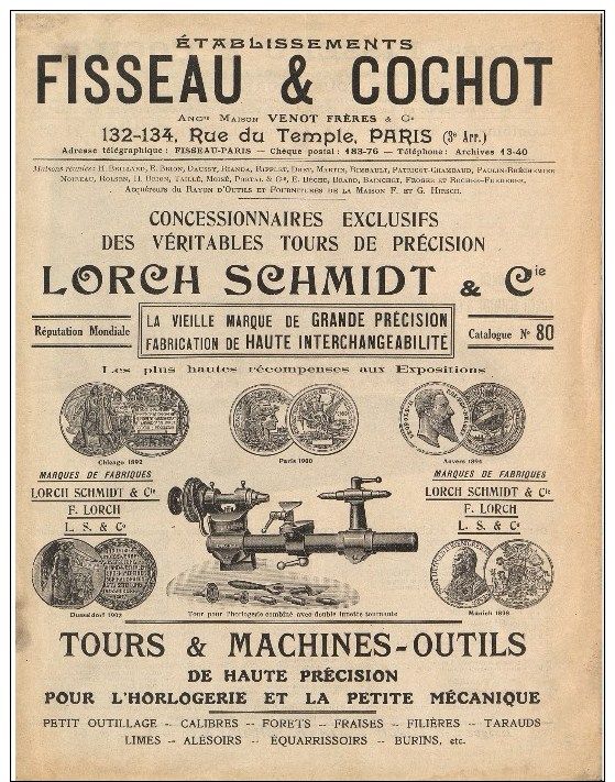 L'horlogerie - Catalogue N°80 - Fisseau Et Cochot – Lorch Schmidt - Paris – Tours Et Machines – Outils - 1900 – 1949