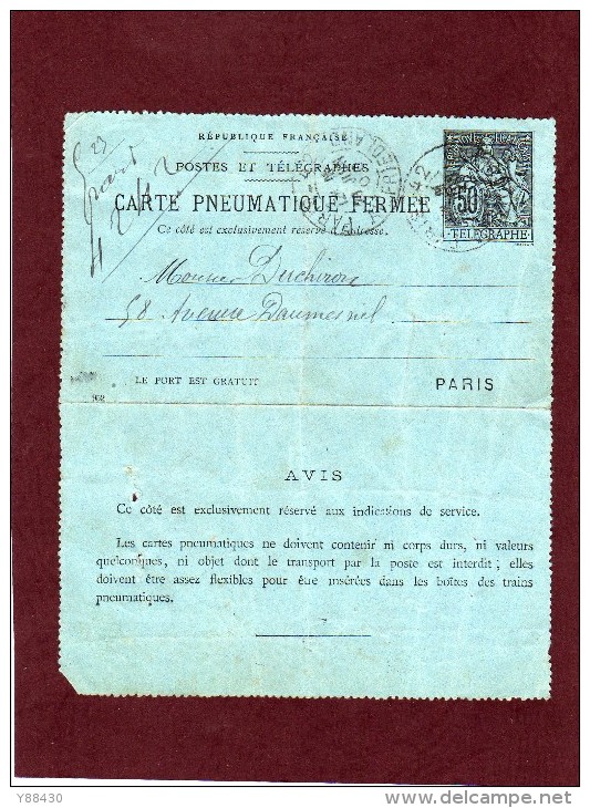 CARTE  PNEUMATIQUE  -  Entier Postaux . Type  :  Chaplain. 50c.  - Scannes Recto & Verso - Neumáticos