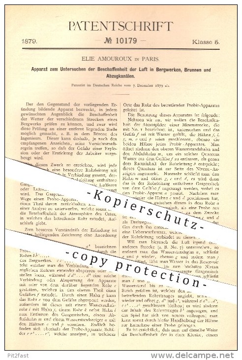 Original Patent - Elie Amouroux In Paris , 1879 , Beschaffenheit Der Luft Im Bergwerk , Bergbau , Brunnen , Kanäle !!! - Documenti Storici